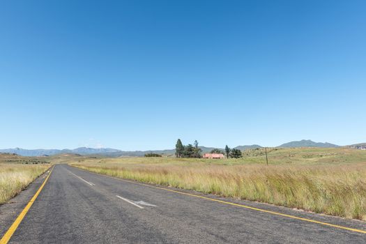 Landscape on road R712 at Golden Gate in the Free State Province. The Maluti mountains are visible in the back