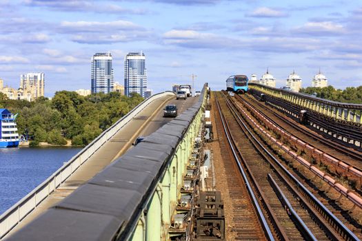 Railway track of the metro bridge in Kyiv on which the metro train rushes.