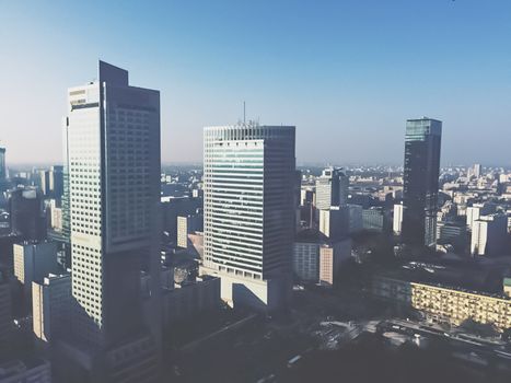 Modern corporate office skyscrapers in the city center of Warsaw, Poland, architecture and business