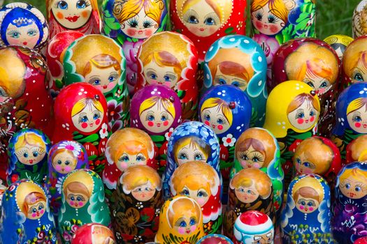 Many Russian matreshkas. The Russian national doll is a souvenir of nesting dolls