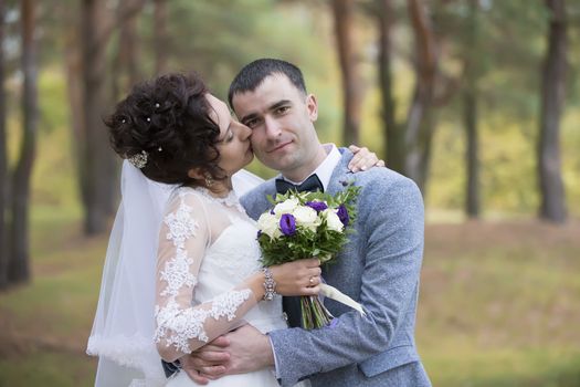 The bride and groom on a wedding walk in nature.Wedding trip.