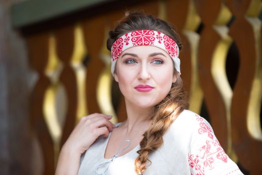 Russia, Moscow, August 27, 2017, the international festival of photography.Russian girl in national clothes