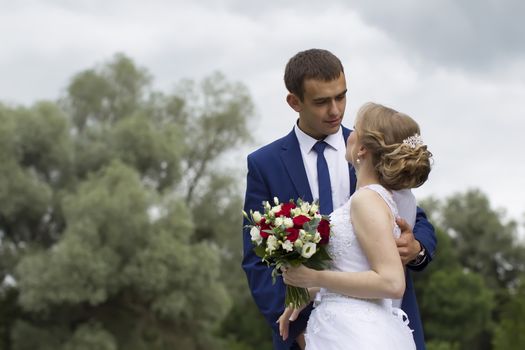 Walk of the bride and groom.Bride and groom. Wedding day