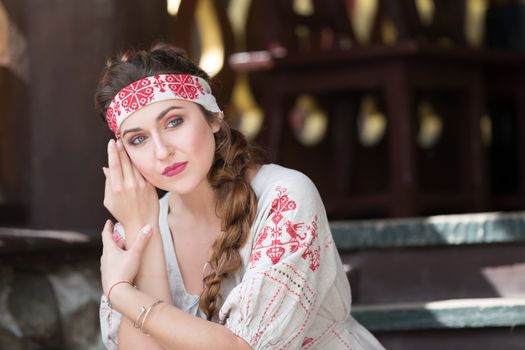 Russia, Moscow, August 27, 2017, the international festival of photography.Russian girl in national clothes