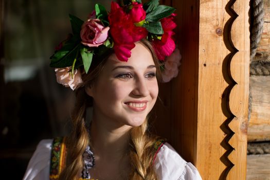 Beautiful woman portrait in russian style. Beautiful Russian girl in traditional dress. Russian style.