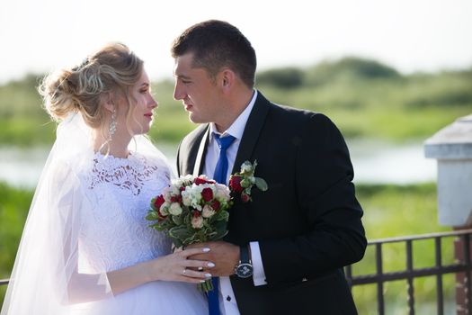 Bride and groom on a wedding walk