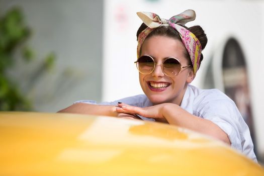 Russia, Moscow, Izmaylovsky Park, August 27, 2017. International Photo Festival.Portrait of a model in the style of the fifties