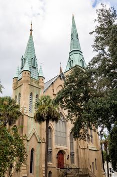 Church with Green Steeples and Red Doors in Savannah