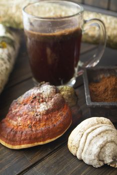 Healing coffee from birch mushroom chaga and polypore, used in folk medicine. Vertical image