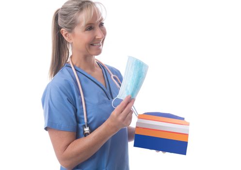 A  friendly nurse handing out masks or demonstrating giving advice on masks