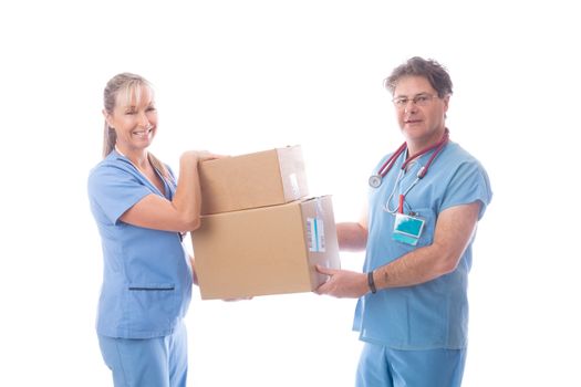 Medical healthcare co workers holding a delivery packages of PPE, medicines, or clinical equipment