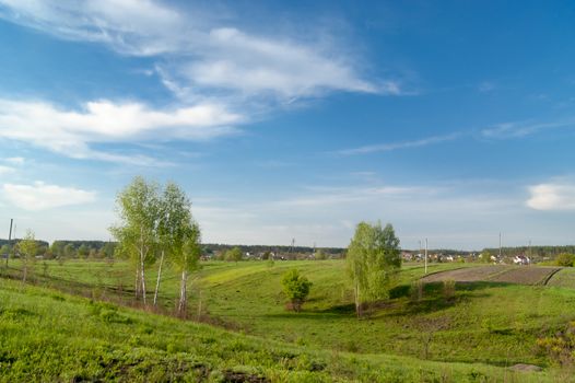 May landscape, meadow, trees and blue sky with clouds