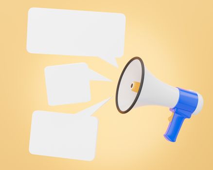 The megaphone is voicing notification sound and appears as an empty message box for advertising bullhorn or blue and white loudspeaker on orange background. Concept of communication. 3D illustration.