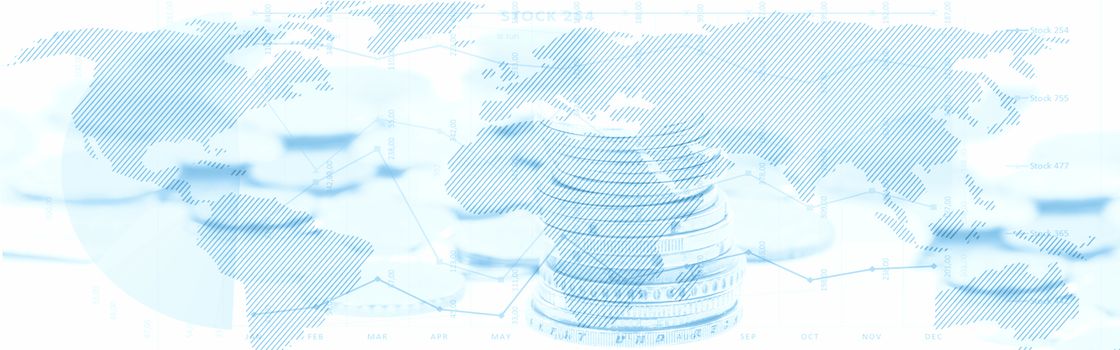 Global corporate business banner  - map of the world and stock market graphs on a blurred background of the money (composite and blue filter effect)