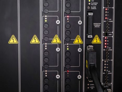 Electrical panel at a assembly line factory. Controls and switches.