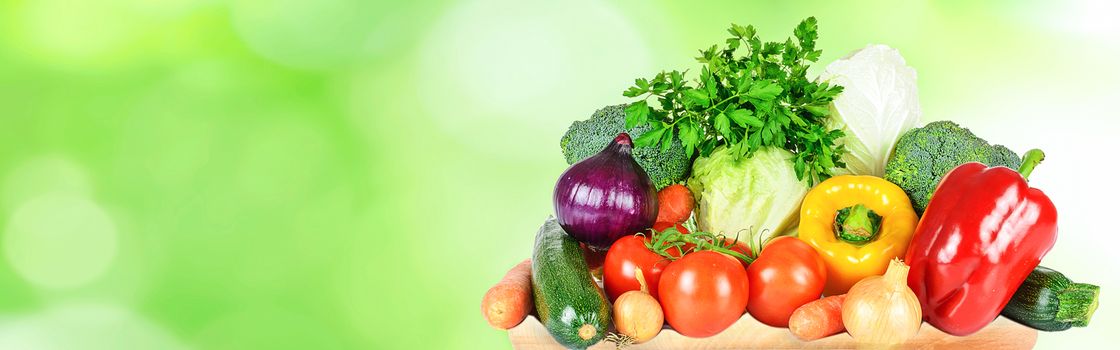 Healthy eating and green grocery shopping banner - group of selected fresh vegetables on abstract nature background (copy space).