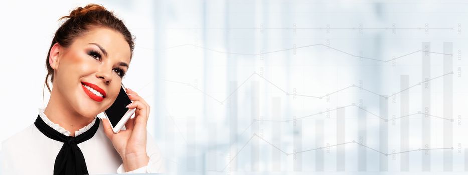 Modern business communications banner -  beautiful young business woman talking on a mobile phone and smiling on a abstract big data background (copy space).