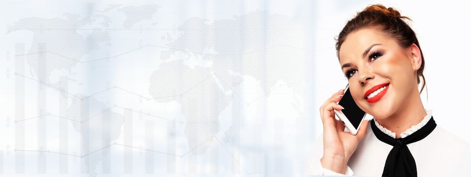 Global business communications banner -  beautiful young business woman talking on a mobile phone and smiling on a abstract big data background (copy space).