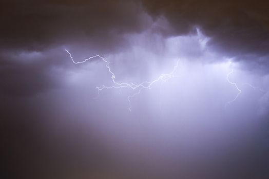 Lightning bolt during a thunderstorm, dark cloudy sky, stormy weather