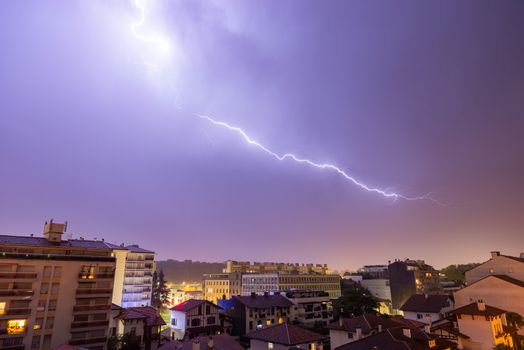 Thunderstorm at night in Bayonne, France