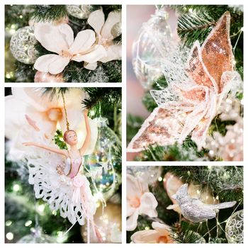 Collage of graceful ballerina, flowers and metal bird. Decorations for Christmas tree. Set of figures for New Year celebration.