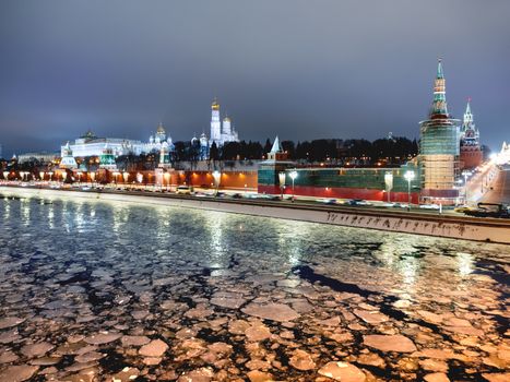 Panorama view of Moscow-river, Kremlin, Ivan the Great Bell tower, Grand Kremlin Palace, Cathedral of the Annunciation. Moscow, Russia.