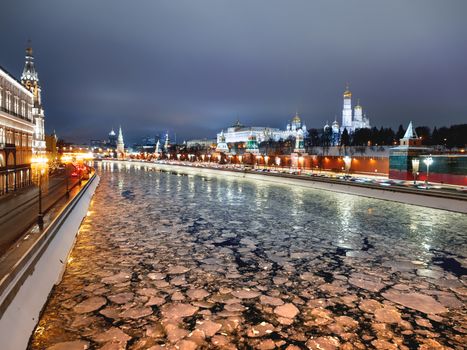Panorama view of Moscow-river, Kremlin, Ivan the Great Bell tower, Grand Kremlin Palace, Cathedral of the Annunciation. Moscow, Russia.