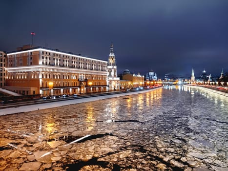 Panorama view of Moscow-river, Kremlin, CIS executive Committee, Saint Sophia Church on Sofiyaskaya embankment. Moscow, Russia.