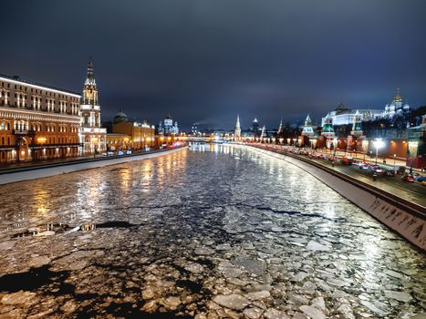 Panorama view of Moscow-river, Kremlin, Ivan the Great Bell tower, Grand Kremlin Palace, Cathedral of the Annunciation. Moscow, Russia.