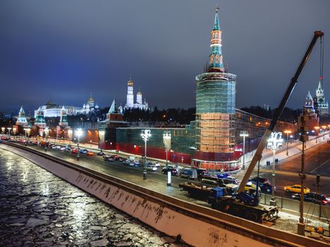 Panorama view of Moscow-river, Kremlin, Ivan the Great Bell tower, Beklemishevskaya Tower of Kremlin, Grand Kremlin Palace, Cathedral of the Annunciation. Moscow, Russia.