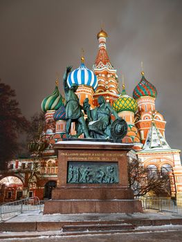 Saint Basil Cathedral and Monument to Minin and Pozharsky. Famous landmark of Moscow, Russia.