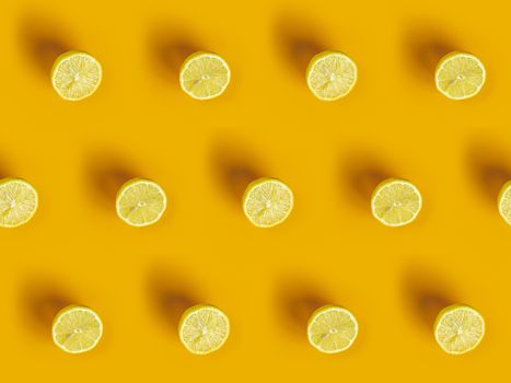 Lemon frame. Sliced citruses pattern on yellow background top.