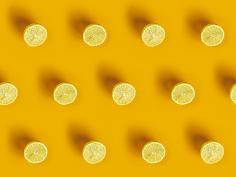 Lemon frame. Sliced citruses pattern on yellow background top.