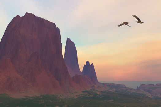 Two Bald Eagles fly near a desert mountain in the Southwest of the United States.
