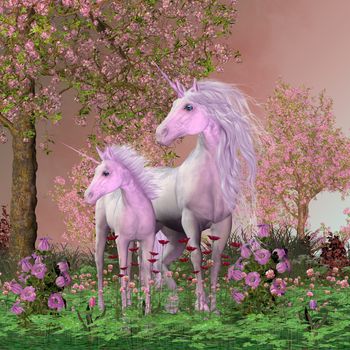 A white unicorn mare and her foal look towards a sound they heard in a forest full of cherry blossoms.