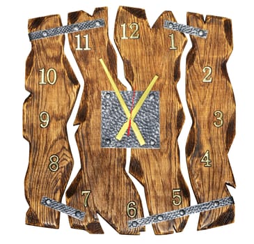 Original wall clock made of old wood and metal with clipping paths on white background isolated.