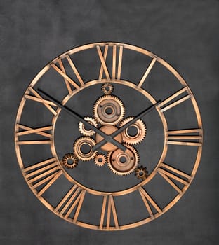 Round industrial wall clock made of metal and real gears on a granite black background.
