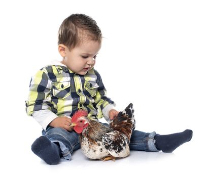 little boy and dog in front of white background