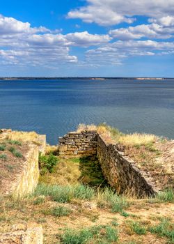 Ancient greek colony Olbia on the banks of the Southern Bug River in Ukraine on a cloudy summer day. Hi-res panoramic photo.