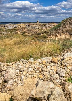 Ancient greek colony Olbia on the banks of the Southern Bug River in Ukraine on a cloudy summer day. Hi-res panoramic photo.