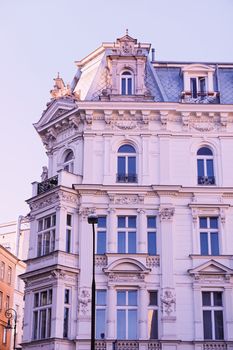 Exterior facade of classic building in the European city, architecture and design detail