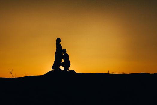 silhouettes of a happy young happy family against an orange sunset in the desert