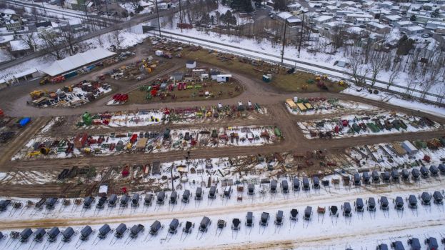 Aerial View of an Amish Mud Sale in the Winter