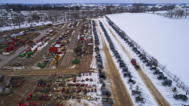 Aerial View of an Amish Mud Sale in the Winter
