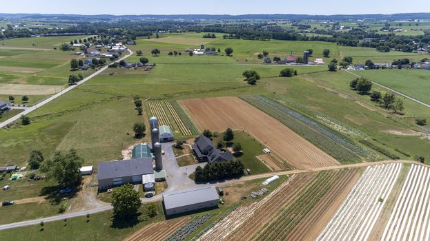 Aerial View of Amish Farm Lands and Countryside on a Sunny Day