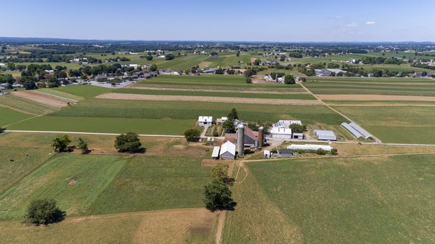 Aerial View of Amish Farm Lands and Countryside on a Sunny Day
