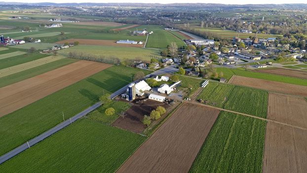 Aerial View of Amish Farm Lands and Countryside on a Sunny Day