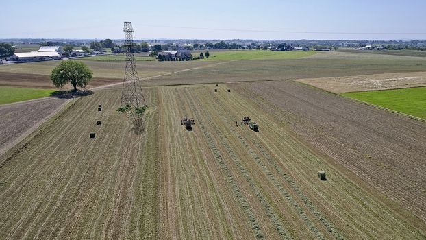 Aerial View of Amish Farmers Harvesting there Crops in Summer
