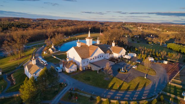 Elizabethtown, PA - December 2018: Aerial View of the Christmas Display at the Star Barn at Sun Set