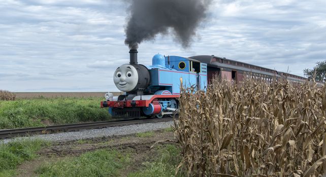 Strasburg, Pennsylvania - September 2018: Thomas the Train in Amish Countryside Puffing Away